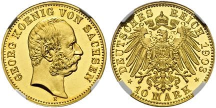 1871年后的德国。帝国金币。萨克森。乔治，1902-1904年。10马克（3.97克）。 1903
