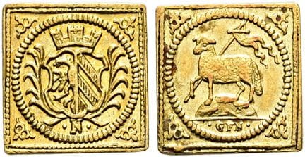 1871年前的德国硬币与奖章。纽伦堡市。1/4羔羊杜卡特硬币，直径11毫米（0.86克）。无年份（1
