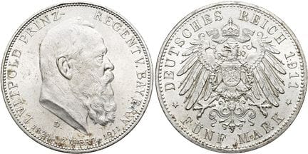 1871年后的德国。帝国银币。巴伐利亚。路德维希·路德波尔德（Luitpold），摄政王，1886-