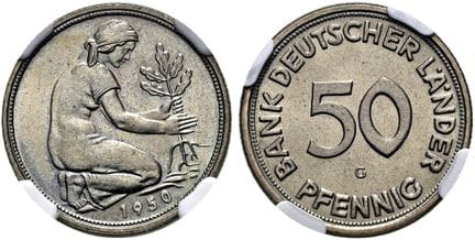 1871年后的德国。德意志各邦银行。50芬尼，直径19毫米（3.53克）。1950 G版，卡尔斯鲁厄