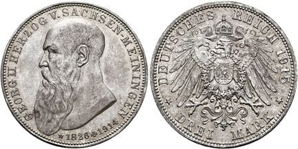 1871年后的德国。帝国银币。萨克森-迈宁根。乔治二世，1866-1914年。3马克，直径33毫米（