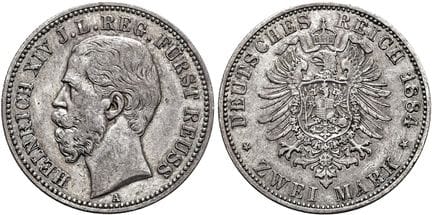 1871年后的德国。帝国银币。罗伊斯，年轻支系。海因里希十四世，1867-1913年。2马克，直径3