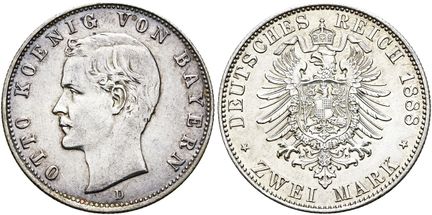 1871年后的德国。帝国银币。巴伐利亚。奥托二世，1886-1913年。2马克，直径28毫米（10.