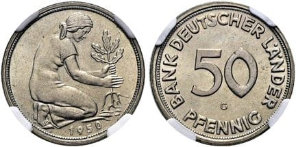 1871年起德国。德意志各邦银行。50芬尼，直径19毫米（3.42克）。1950 G，卡尔斯鲁厄。 
