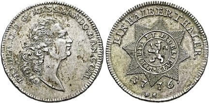 1871年之前的德国硬币与奖章。黑森-卡塞尔。腓特烈二世，1760—1785年。1/2帝国塔勒（黑森