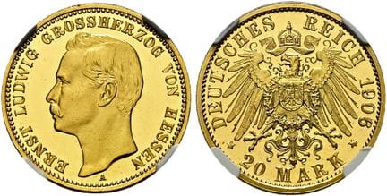 1871年后的德国。帝国金币。黑森。恩斯特·路德维希，1892-1918年。20马克（7.96克）。