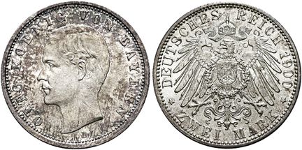 1871年后的德国。帝国银币。巴伐利亚。奥托二世，1886-1913年。2马克，直径28毫米（11.