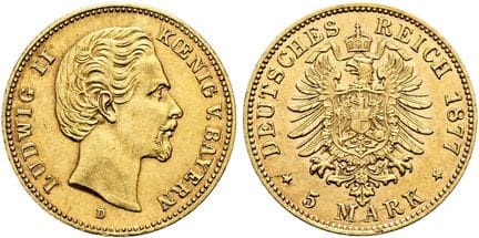 1871年起德国。帝国金币。巴伐利亚。路德维希二世，1864-1886年。5马克，直径17毫米（1.