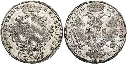 1871年前的德国硬币与纪念章。纽伦堡市。1/4公约塔勒，面值30克罗伊策，直径30毫米（7.02克