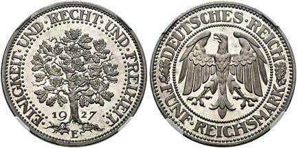 1871年后的德国。魏玛共和国。流通硬币。5帝国马克（25.04克）。 1927年E版，穆尔登胡滕铸