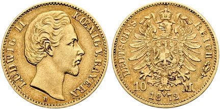 1871年起德国。帝国金币。巴伐利亚。路德维希二世，1864-1886年。10马克（3.93克）。1