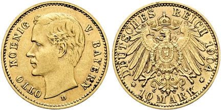 1871年后的德国。帝国金币。巴伐利亚。奥托二世，1886-1913年。10马克（3.97克）。19