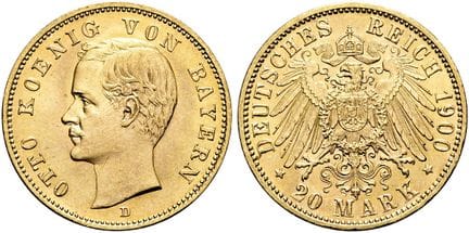 1871年后的德国。帝国金币。巴伐利亚。奥托二世，1886-1913年。20马克，直径22毫米（7.