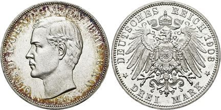 1871年后的德国。帝国银币。巴伐利亚。奥托二世，1886-1913年。3马克，直径33毫米（16.