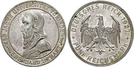 1871年后的德国。魏玛共和国。纪念币。5帝国马克，直径36毫米（25.11克）。1927年F版，斯