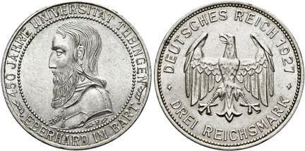 1871年后的德国。魏玛共和国。纪念币。3帝国马克，直径30毫米（15.01克）。1927年F版，斯