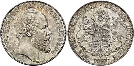 1871年之前的德国硬币与奖章。符腾堡。卡尔，1864—1891年。协会塔勒币，直径33毫米（18.