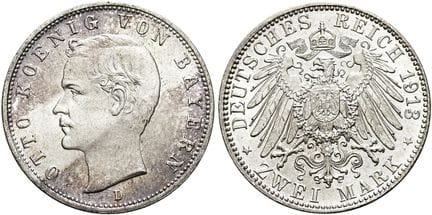 1871年后的德国。帝国银币。巴伐利亚。奥托二世，1886-1913年。2马克，直径28毫米（11.