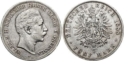 1871年后的德国。帝国银币。普鲁士。威廉二世，1888-1918年。5马克，直径38毫米（27.5