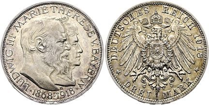 1871年后的德国。帝国银币。巴伐利亚。路德维希三世，1913-1918年。3马克，直径33毫米（1