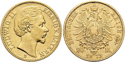 1871年起德国。帝国金币。巴伐利亚。路德维希二世，1864-1886年。20马克，直径22毫米（7