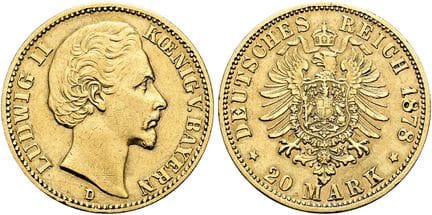 1871年后的德国。帝国金币。巴伐利亚。路德维希二世，1864-1886年。20马克（7.92克）。