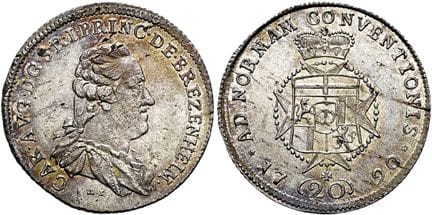 1871年前的德国硬币与奖章。布雷岑海姆伯爵领地。卡尔·奥古斯特，1789年至1803年。20克罗伊