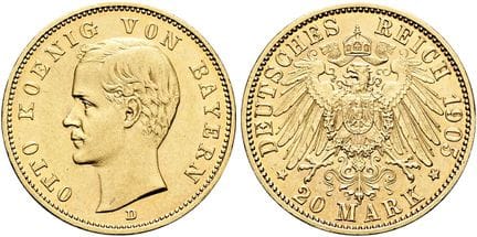 1871年后的德国。帝国金币。巴伐利亚。奥托二世，1886-1913年。20马克，直径22毫米（7.