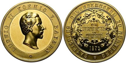 1871年之前的德国硬币与奖章。巴伐利亚。路德维希二世，1864—1886年。12杜卡特金质奖章（4