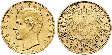 1871年起德国。帝国金币。巴伐利亚。奥托二世，1886-1913年。10马克（3.98克）。189