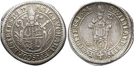 1871年之前的德国硬币与奖章。艾希施泰特教区。约翰·欧卡里乌斯·申克·冯·卡斯特尔，1685年至1