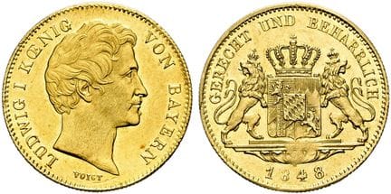 1871年之前的德国硬币与纪念章。巴伐利亚。路德维希一世，1825—1848年。杜卡特金币，直径20