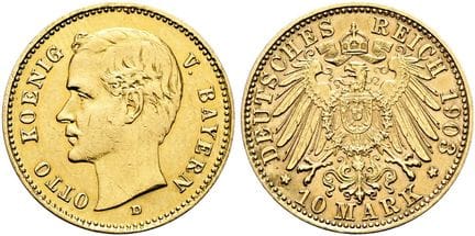 1871年后的德国。帝国金币。巴伐利亚。奥托二世，1886-1913年。10马克（3.95克）。19