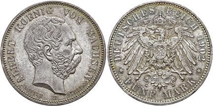 1871年后的德国。帝国银币。萨克森。阿尔伯特，1873年至1902年。5马克，直径38毫米（27.