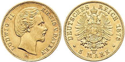 1871年后的德国。帝国金币。巴伐利亚。路德维希二世，1864-1886年。5马克（1.98克）。1