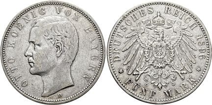 1871年后的德国。帝国银币。巴伐利亚。奥托二世，1886-1913年。5马克，直径38毫米（27.