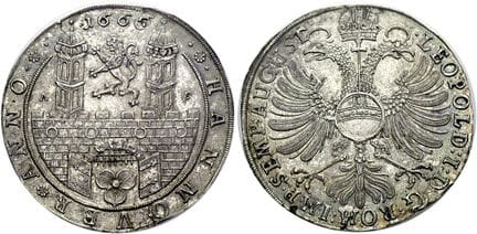 1871年前的德国钱币与奖章。汉诺威，市。1666年AS版帝国塔勒，汉诺威。刻有皇帝利奥波德一世（1