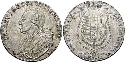 1871年前的德国硬币与奖章。符腾堡。弗里德里希·欧根，1795年至1797年。协定塔勒，直径40毫