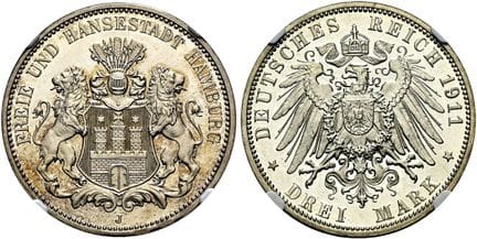 1871年后的德国。帝国银币。汉堡。自由汉萨城市。3马克，直径33毫米（16.57克）。1911年J