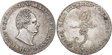 1871年之前的德国硬币与奖章。汉诺威。威廉四世，1830-1837年。2/3塔勒（古尔登），直径3