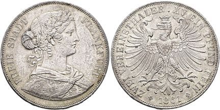 1871年之前的德国硬币与纪念章。美因河畔法兰克福市。双塔勒（2个协会塔勒）直径41毫米（36.97
