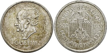 1871年后的德国。魏玛共和国。纪念币。5帝国马克，直径36毫米（25.06克）。1932年J版，汉