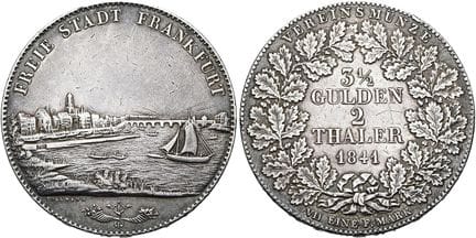 1871年之前的德国硬币与纪念章。美因河畔法兰克福，市发行。双塔勒（2个协会塔勒，相当于3.5古尔登