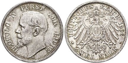 1871年后的德国。帝国银币。利珀（-德特莫尔德）。 利奥波德四世，1905-1918年。2马克，直