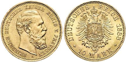 1871年后的德国。帝国金币。普鲁士。腓特烈三世，1888年。10马克，直径19毫米（3.99克）。