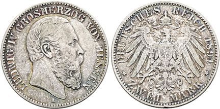 1871年后的德国。帝国银币。黑森。路德维希四世，1877-1892年。2马克，直径28毫米（10.