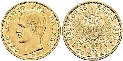 1871年后的德国。帝国金币。巴伐利亚。奥托二世，1886-1913年。20马克，直径23毫米（7.