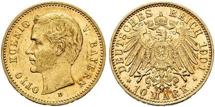 1871年后的德国。帝国金币。巴伐利亚。奥托二世，1886-1913年。10马克，直径20毫米（3.