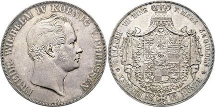 1871年之前的德国钱币与奖章。勃兰登堡／普鲁士。腓特烈·威廉四世，1840–1861年。 双塔勒（