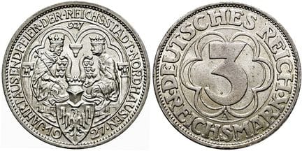 1871年起德国。魏玛共和国。纪念币。3帝国马克，直径30毫米（15.04克）。1927 A，柏林。